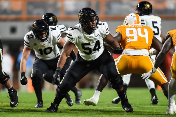 Vanderbilt Commodores offensive lineman Tyler Steen (54) blocks during the second half against the Tennessee Volunteers at Neyland Stadium.